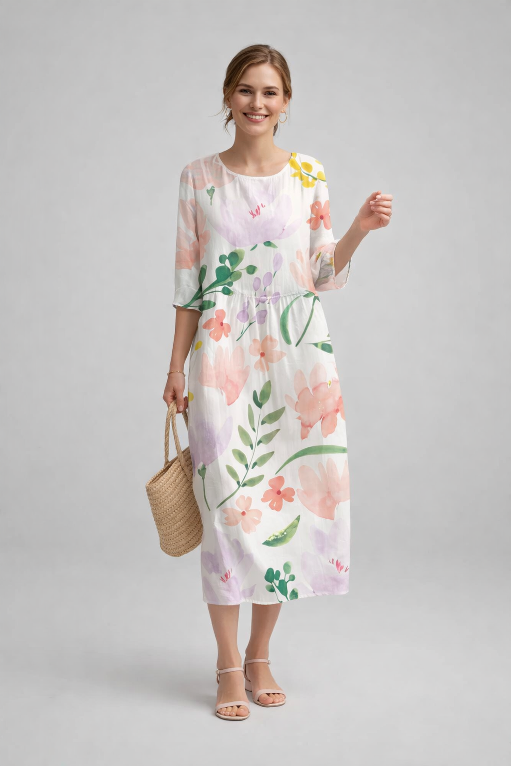 Women's Graceful Floral Print Dress featuring a vibrant design, perfect for summer formal occasions, showcasing elegant short sleeves and a flattering silhouette. 10