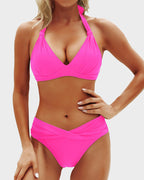 Women's high waisted bikini sets featuring a stylish halter neck design, perfect for summer beach days and poolside lounging. 10