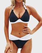 Women's high waisted bikini sets featuring a stylish halter neck design, perfect for summer beach days and poolside lounging. 4