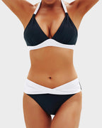 Women's high waisted bikini sets featuring a stylish halter neck design, perfect for summer beach days and poolside lounging. 6