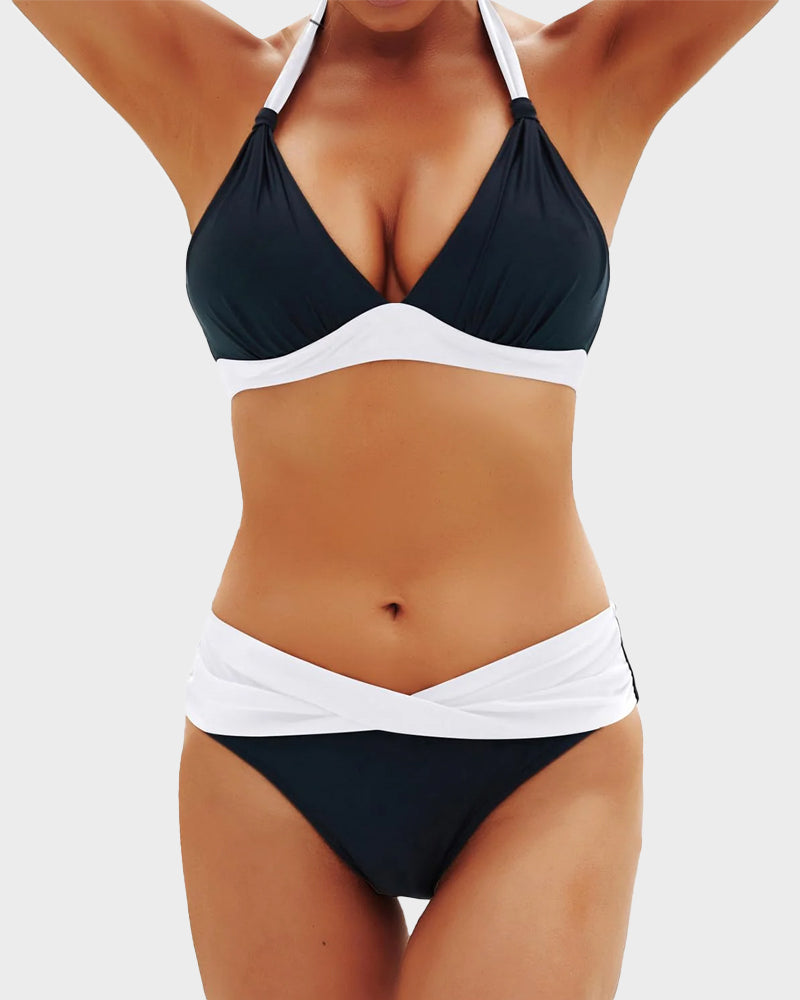 Women's high waisted bikini sets featuring a stylish halter neck design, perfect for summer beach days and poolside lounging. 6