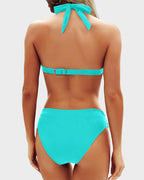 Women's high waisted bikini sets featuring a stylish halter neck design, perfect for summer beach days and poolside lounging. 8