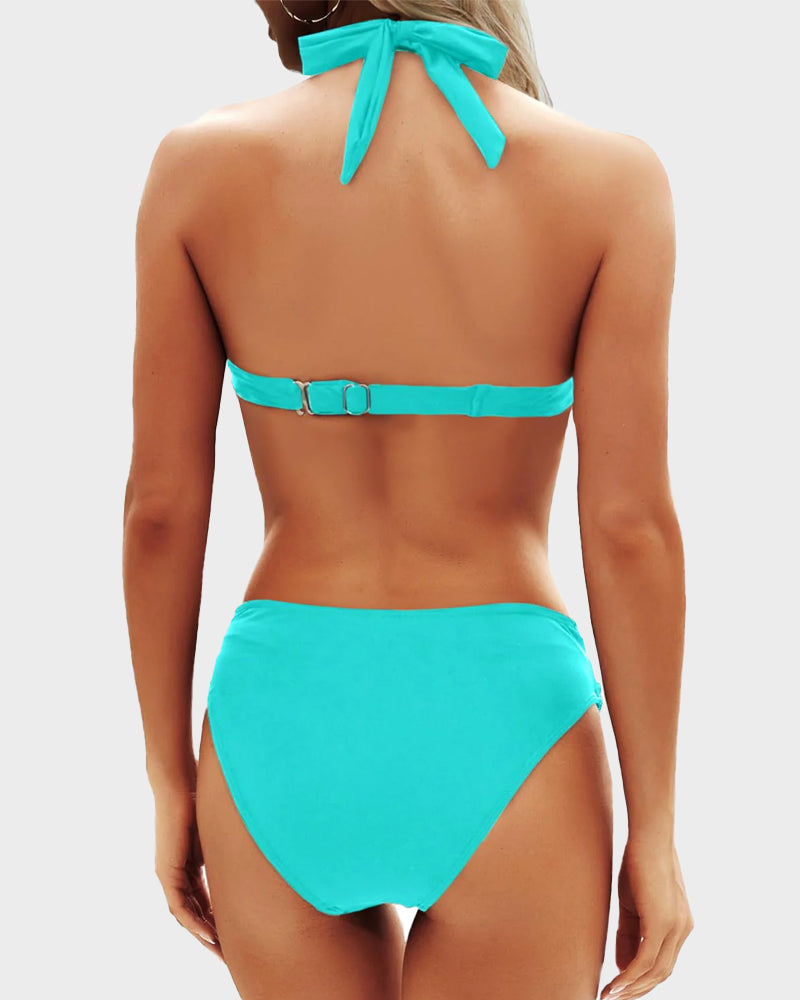 Women's high waisted bikini sets featuring a stylish halter neck design, perfect for summer beach days and poolside lounging. 8