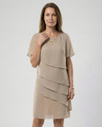 Women's knee-length chiffon dress featuring short sleeves and a layered design, perfect for cocktail events and formal occasions. 1