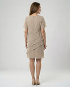 Women's knee-length chiffon dress featuring short sleeves and a layered design, perfect for cocktail events and formal occasions. 3