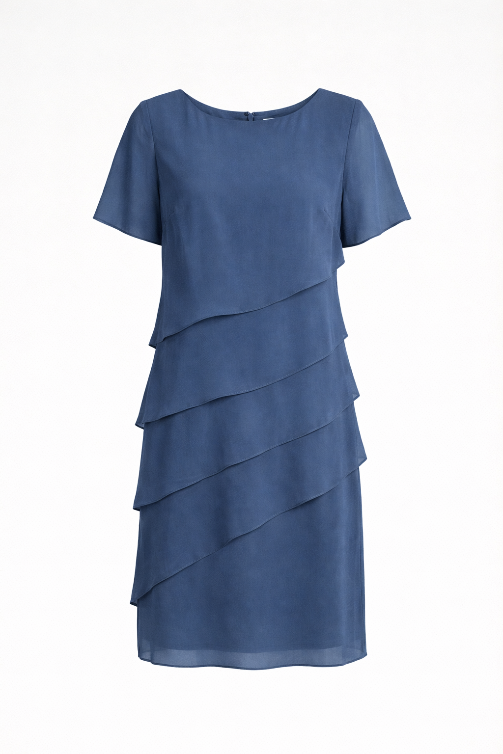 Women's knee-length chiffon dress featuring short sleeves and a layered design, perfect for cocktail events and formal occasions. 4