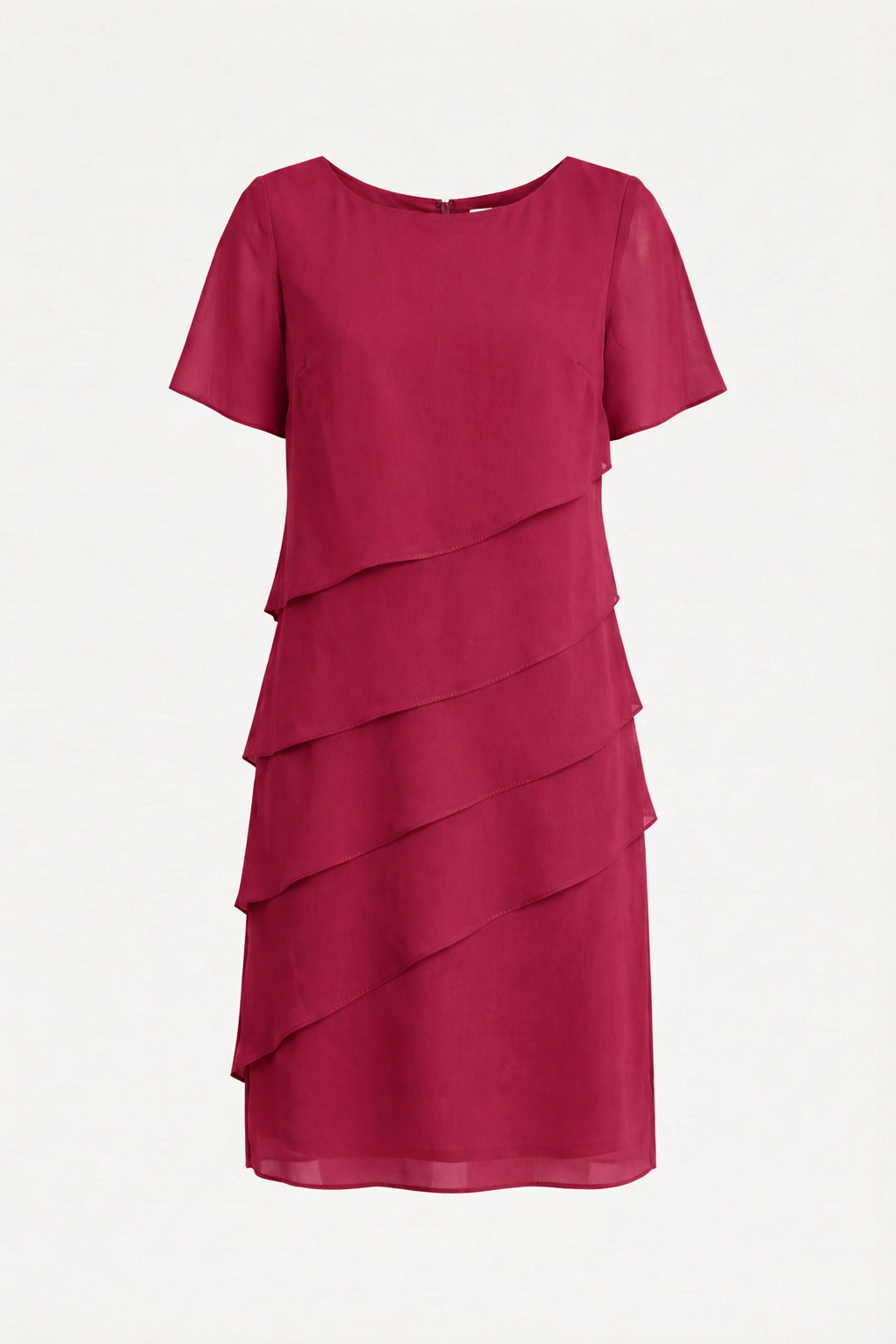 Women's knee-length chiffon dress featuring short sleeves and a layered design, perfect for cocktail events and formal occasions. 5