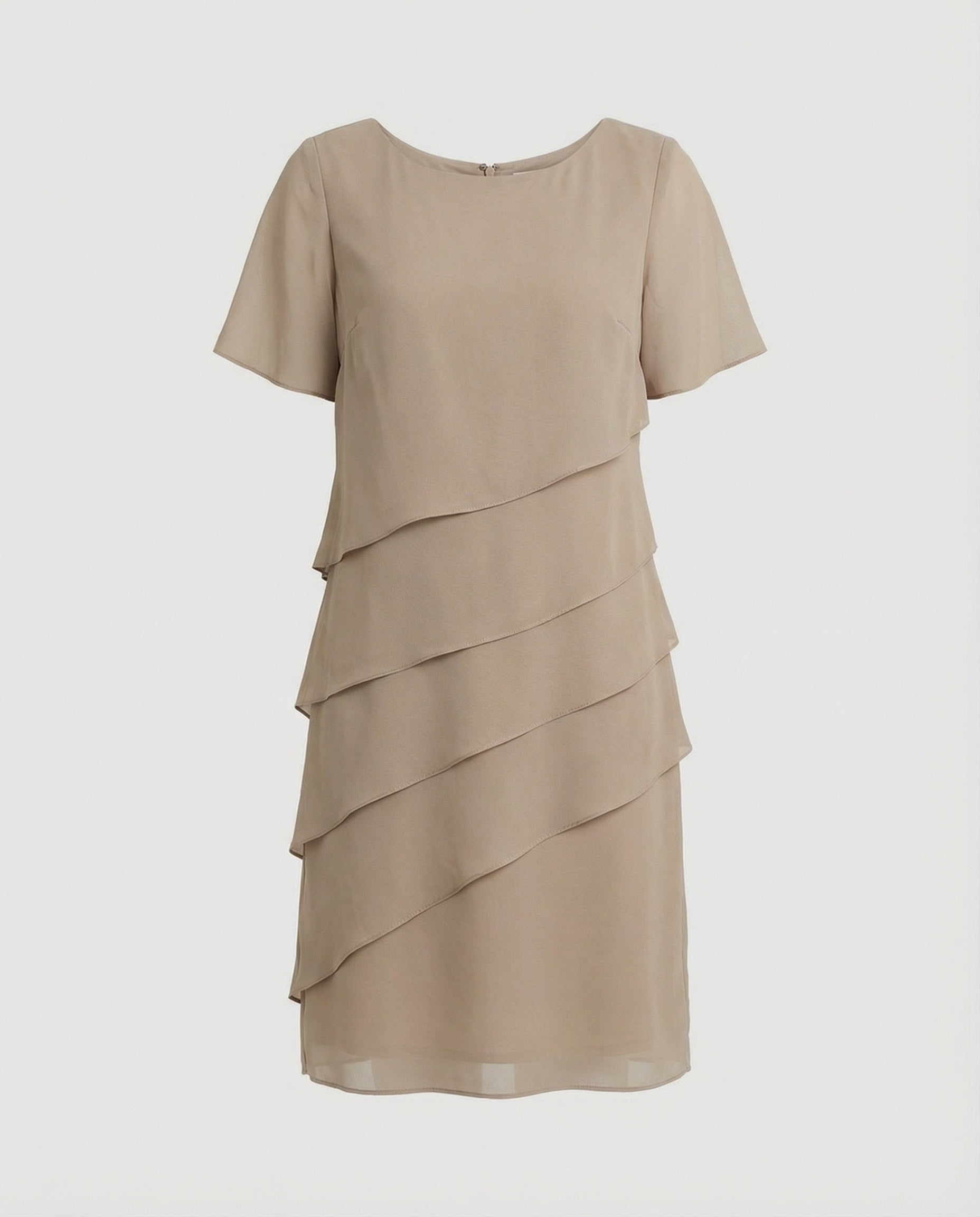 Women's knee-length chiffon dress featuring short sleeves and a layered design, perfect for cocktail events and formal occasions. 6