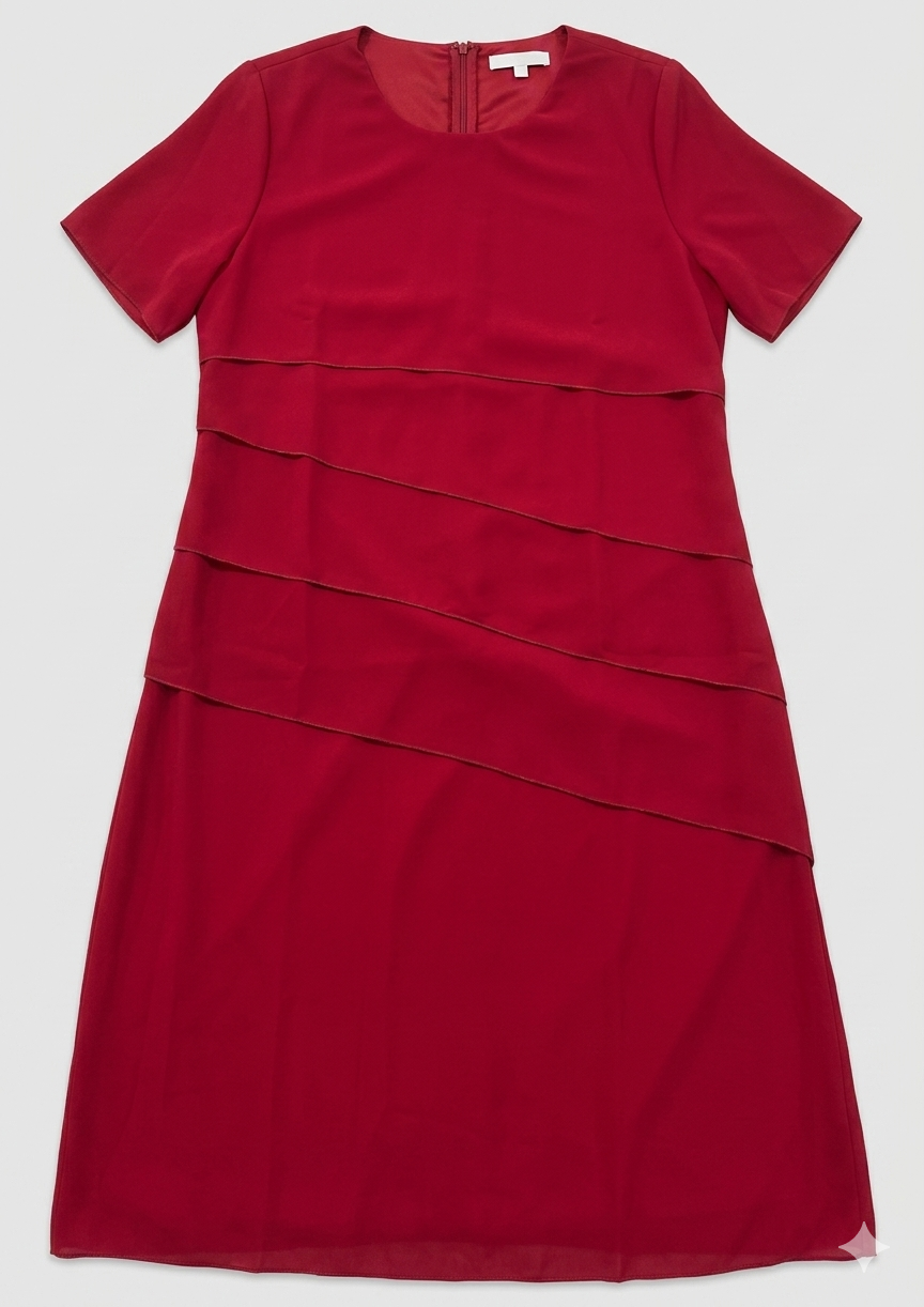 Women's knee-length chiffon dress featuring short sleeves and a layered design, perfect for cocktail events and formal occasions. 7