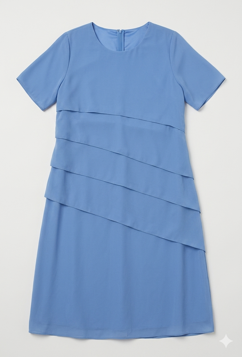 Women's knee-length chiffon dress featuring short sleeves and a layered design, perfect for cocktail events and formal occasions. 8