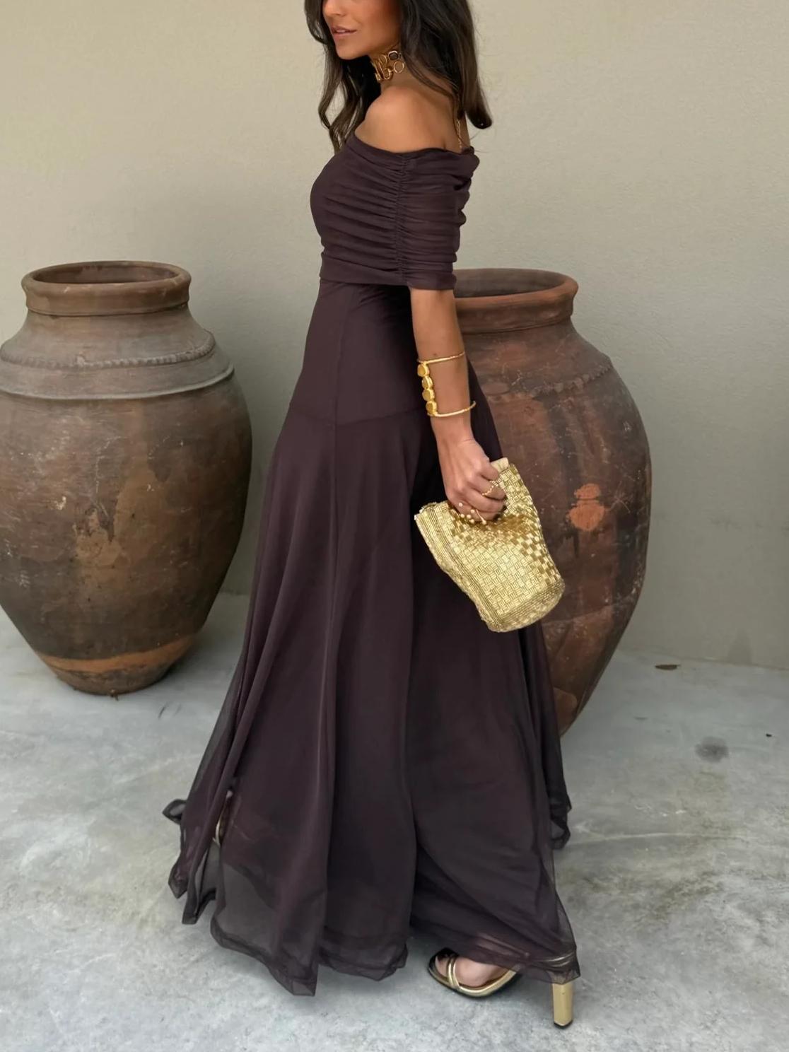 Elegant women's long flowing formal dress featuring a delicate mesh overlay, perfect for weddings and special occasions. 2