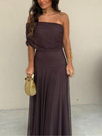 Elegant women's long flowing formal dress featuring a delicate mesh overlay, perfect for weddings and special occasions. 5