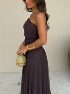 Elegant women's long flowing formal dress featuring a delicate mesh overlay, perfect for weddings and special occasions. 6