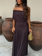 Elegant women's long flowing formal dress featuring a delicate mesh overlay, perfect for weddings and special occasions. 8