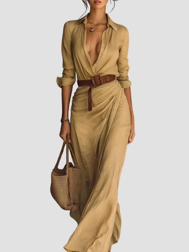 Women's long shirtdress with a belted waist, perfect for summer occasions and formal events, featuring a stylish collar and lightweight fabric. 0