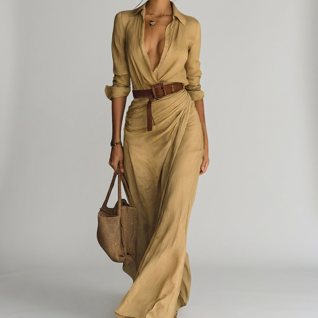 Women's long shirtdress with a belted waist, perfect for summer occasions and formal events, featuring a stylish collar and lightweight fabric. 1