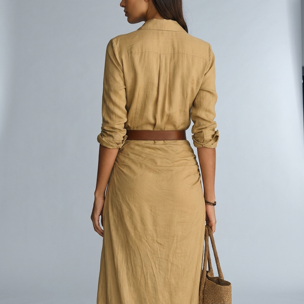 Women's long shirtdress with a belted waist, perfect for summer occasions and formal events, featuring a stylish collar and lightweight fabric. 2