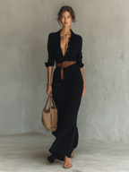 Women's long shirtdress with a belted waist, perfect for summer occasions and formal events, featuring a stylish collar and lightweight fabric. 8