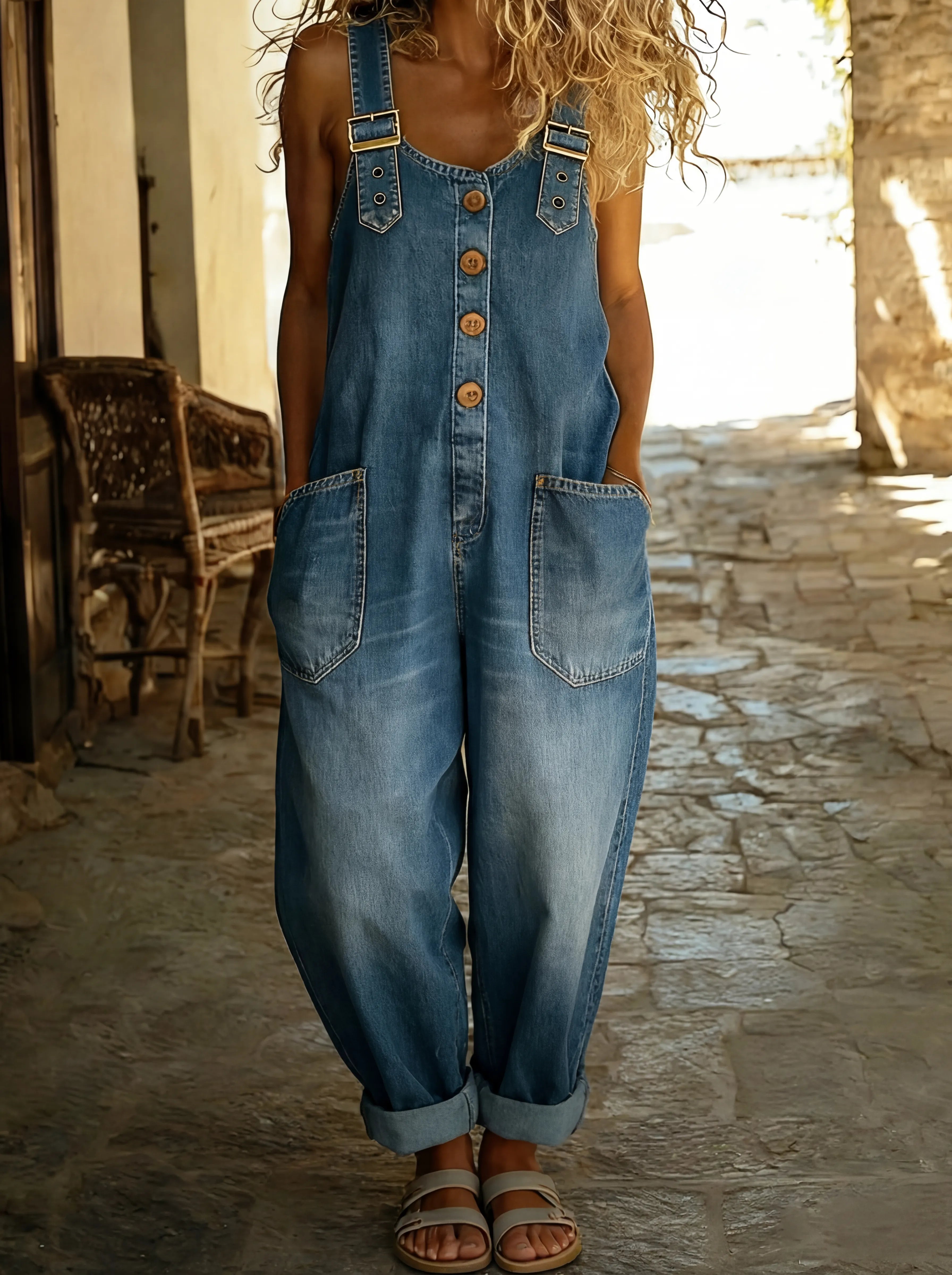 Women's loose fit denim overalls perfect for casual everyday wear, featuring adjustable straps and a relaxed silhouette for comfort and style. 0