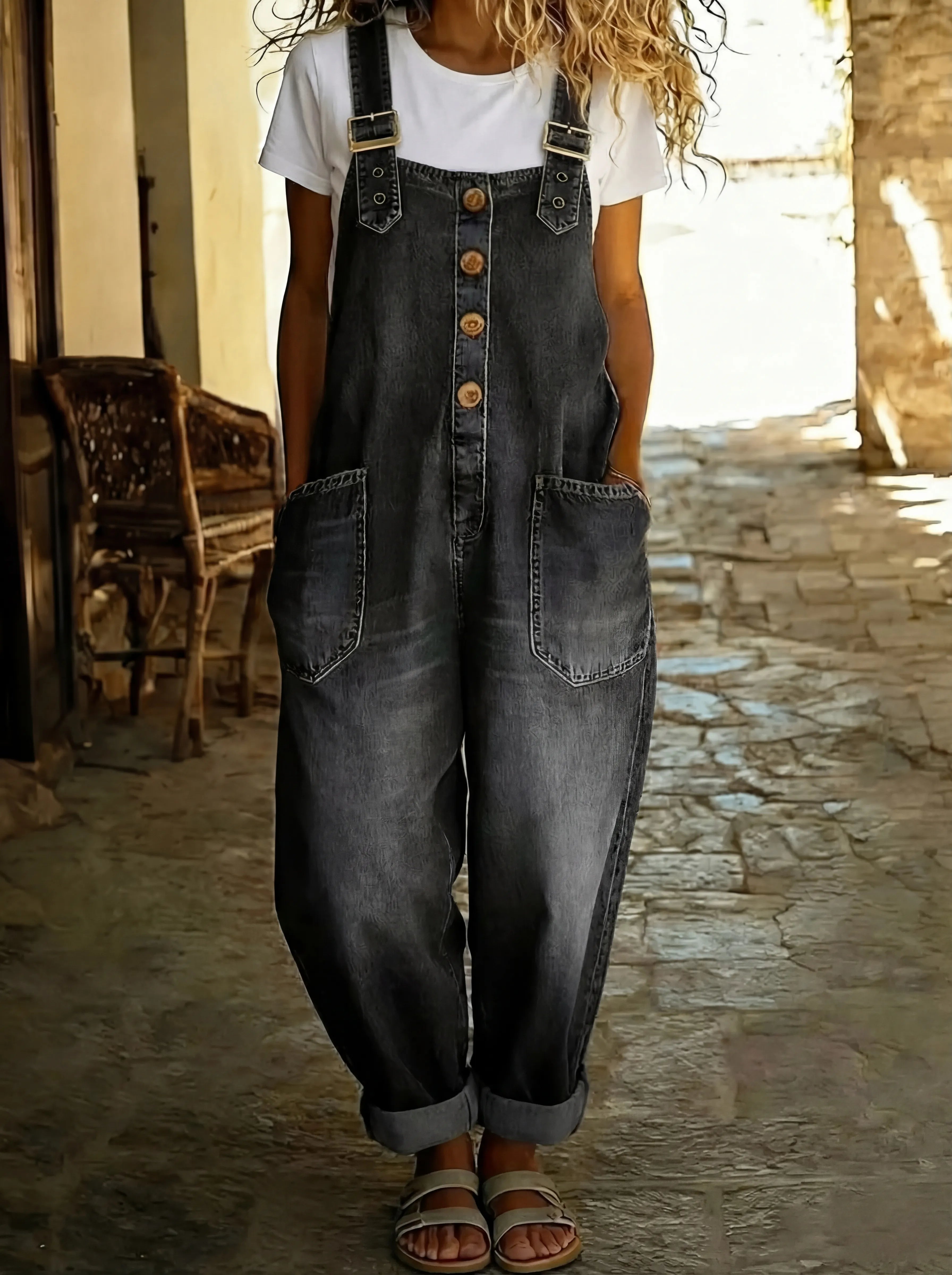 Women's loose fit denim overalls perfect for casual everyday wear, featuring adjustable straps and a relaxed silhouette for comfort and style. 1