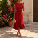 Women's loose fit midi dress suitable for formal weddings and summer events, featuring a stylish design and comfortable fabric. 0