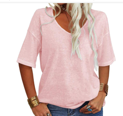 Women's loose U neck casual t-shirt in soft fabric, perfect for summer wear, featuring a relaxed fit and versatile style, ideal for everyday outings or lounging 2