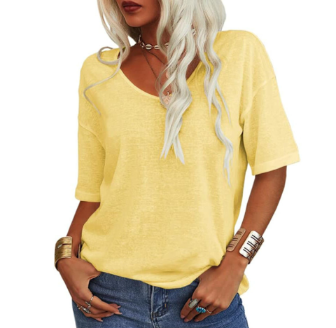 Women's loose U neck casual t-shirt in soft fabric, perfect for summer wear, featuring a relaxed fit and versatile style, ideal for everyday outings or lounging 3