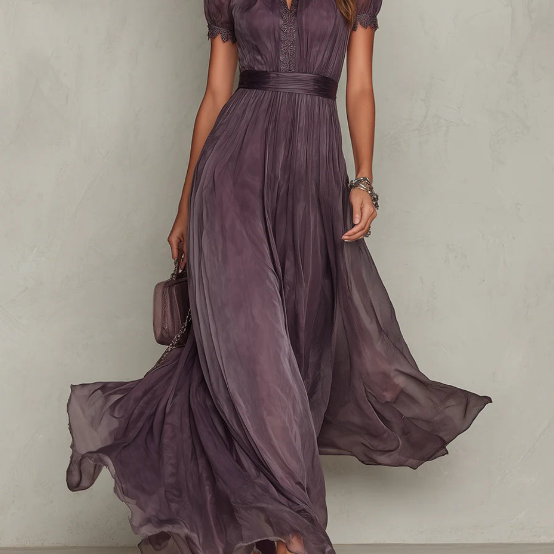 Elegant women's maxi dress featuring delicate lace trim, perfect for formal occasions and special events. 3