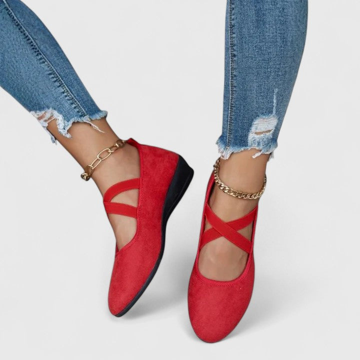 Orthopedic ballet flats with ankle strap in red