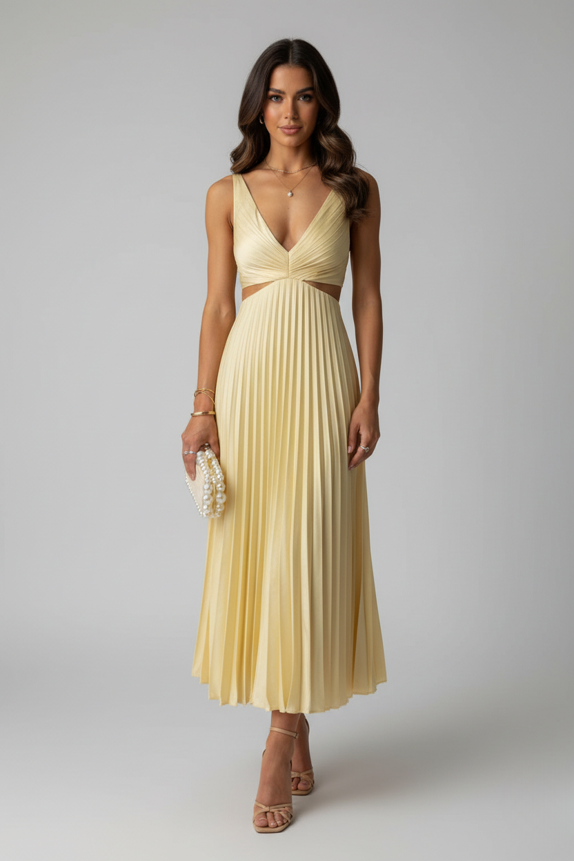 Elegant women's pleated midi formal dress in a sophisticated style, perfect for special events and occasions, featuring a flattering silhouette and versatile color options. 0