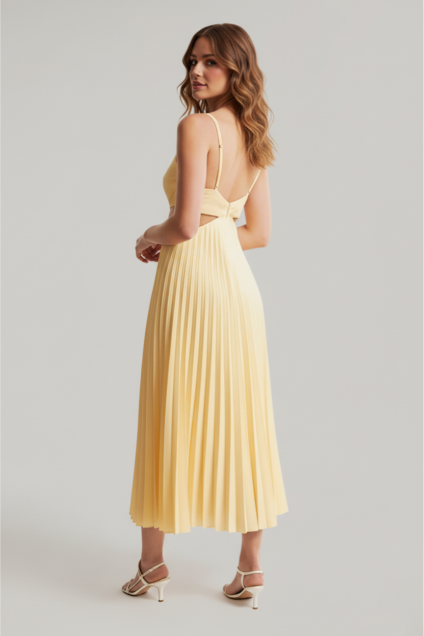 Elegant women's pleated midi formal dress in a sophisticated style, perfect for special events and occasions, featuring a flattering silhouette and versatile color options. 1