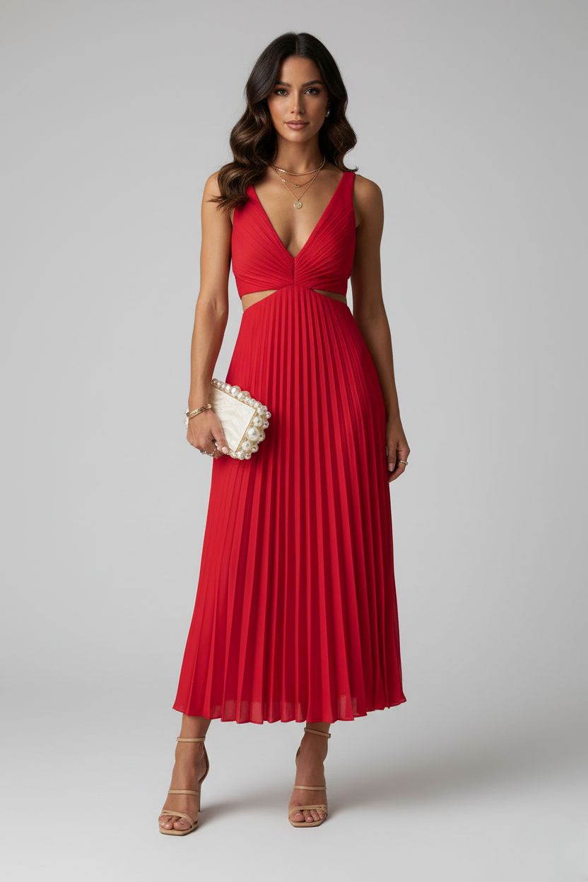 Elegant women's pleated midi formal dress in a sophisticated style, perfect for special events and occasions, featuring a flattering silhouette and versatile color options. 3