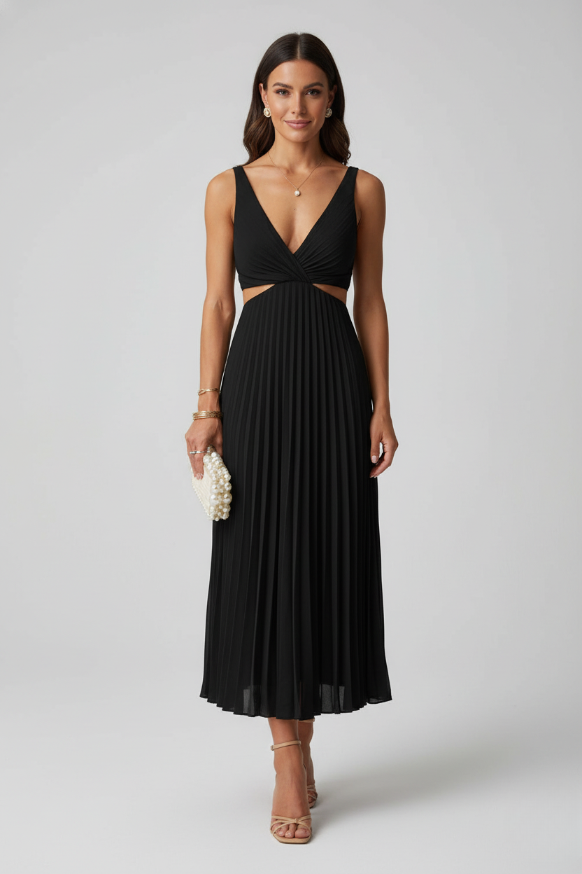 Elegant women's pleated midi formal dress in a sophisticated style, perfect for special events and occasions, featuring a flattering silhouette and versatile color options. 4