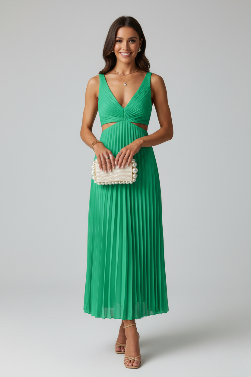 Elegant women's pleated midi formal dress in a sophisticated style, perfect for special events and occasions, featuring a flattering silhouette and versatile color options. 5