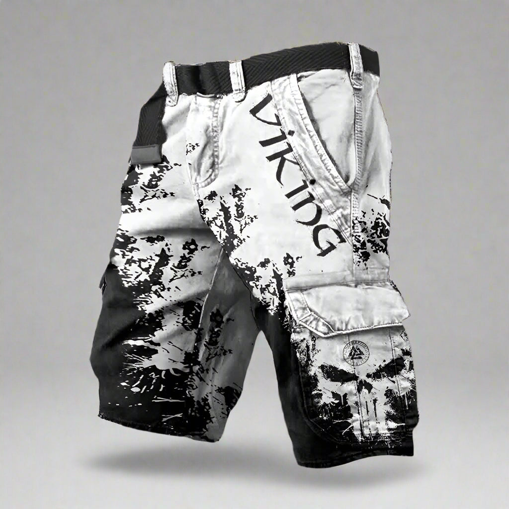 Women's regular fit cargo shorts featuring a unique Viking skull print, perfect for casual wear and outdoor activities. 0