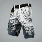 Women's regular fit cargo shorts featuring a unique Viking skull print, perfect for casual wear and outdoor activities. 2