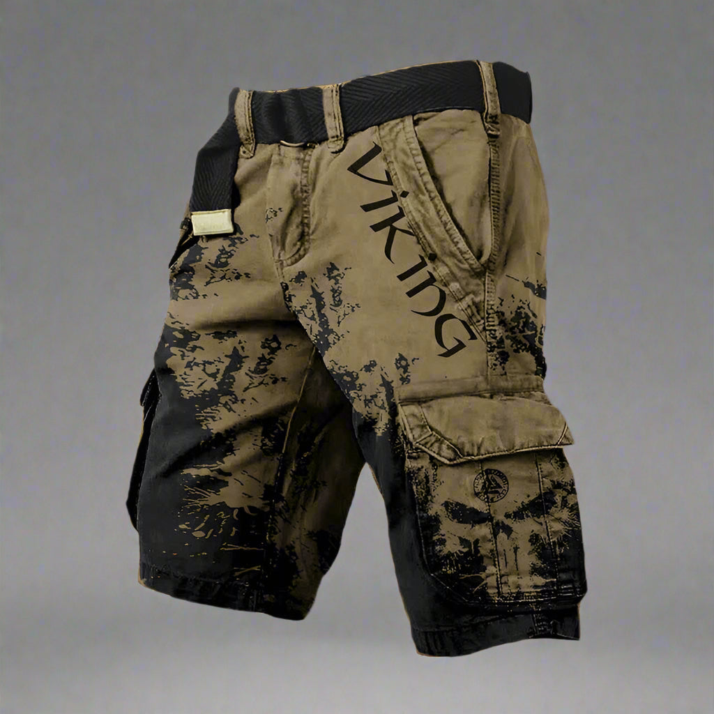 Women's regular fit cargo shorts featuring a unique Viking skull print, perfect for casual wear and outdoor activities. 3
