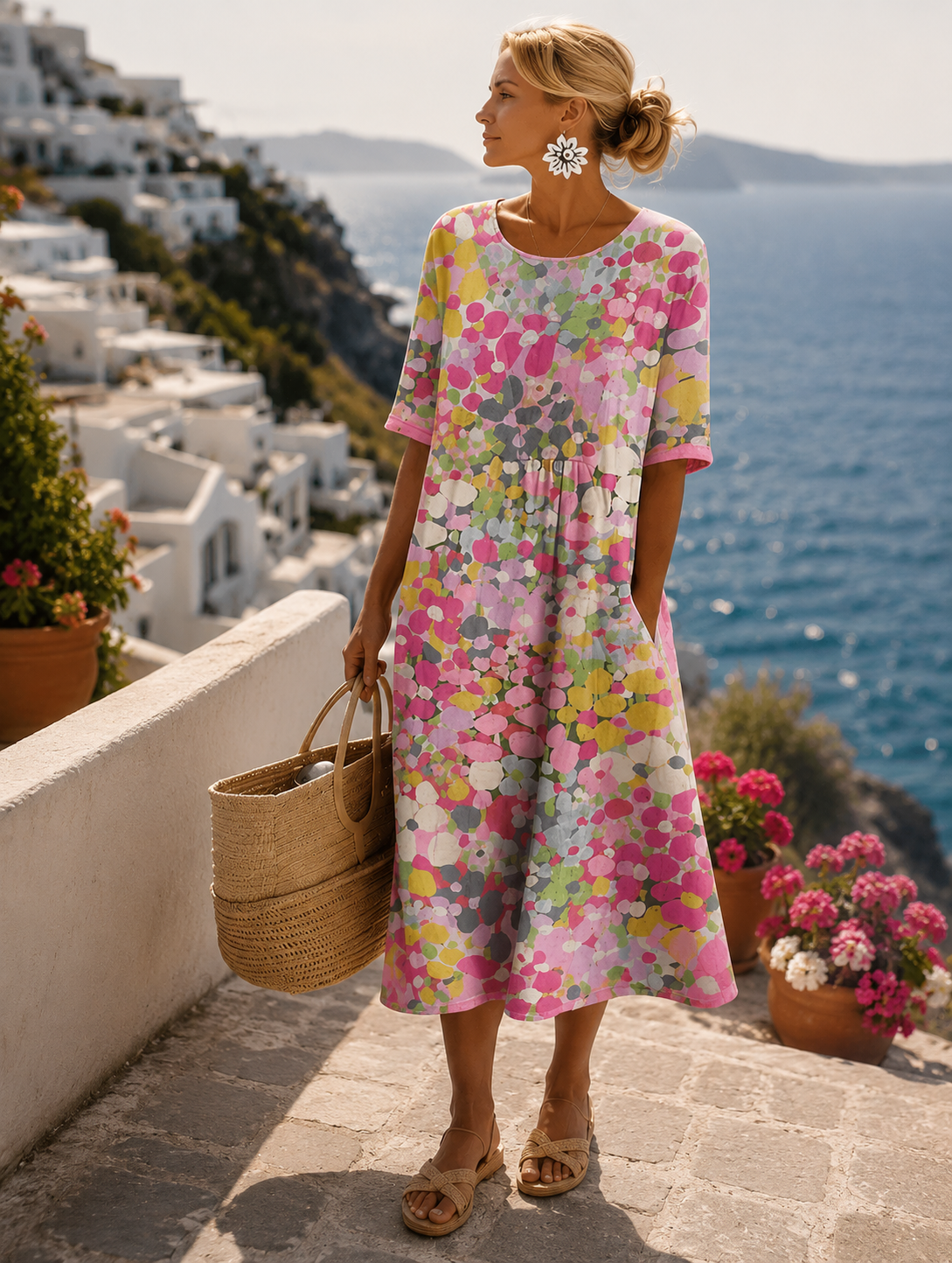 Women's relaxed A-line floral midi dress perfect for summer occasions, featuring a vibrant floral print and comfortable fit. 0