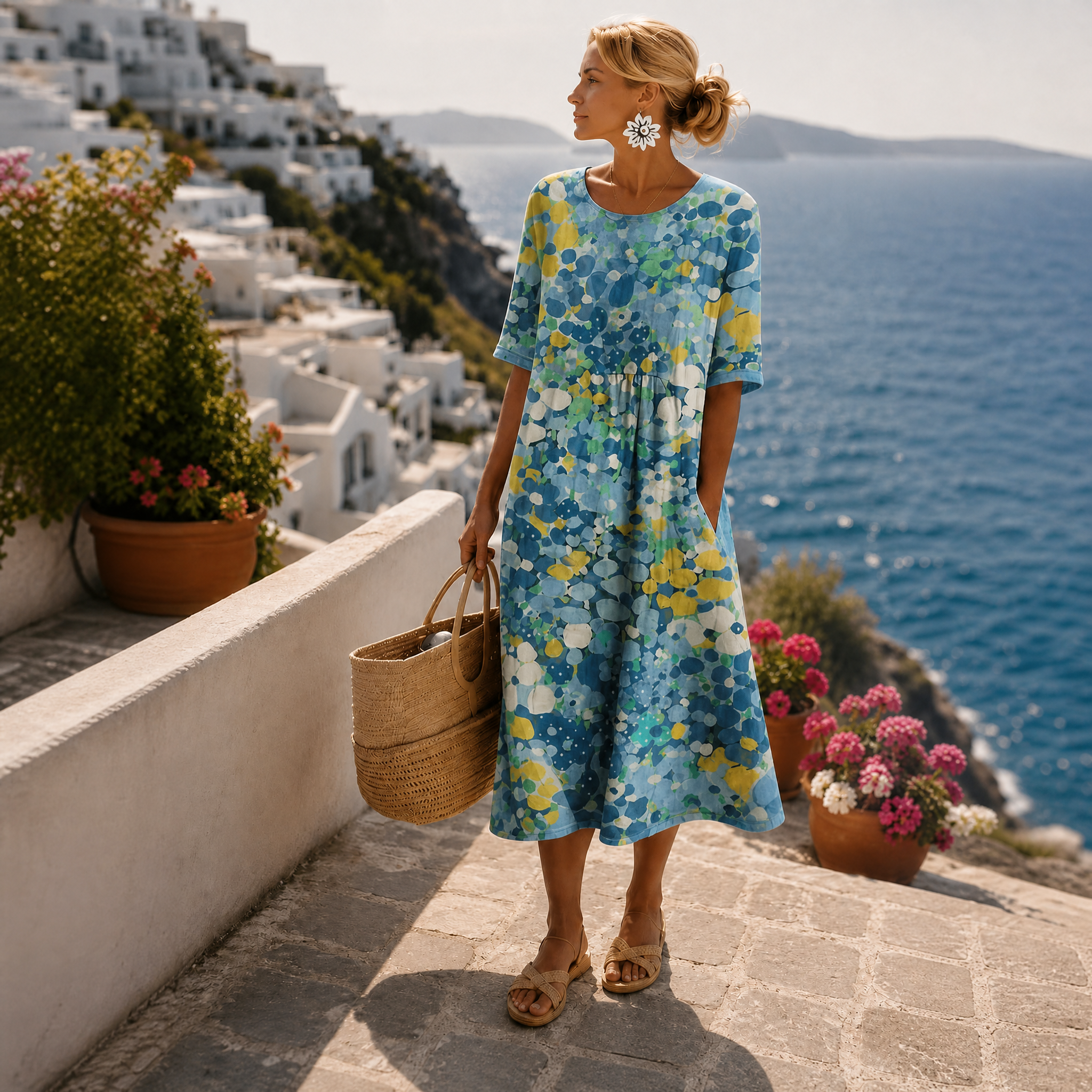 Women's relaxed A-line floral midi dress perfect for summer occasions, featuring a vibrant floral print and comfortable fit. 2
