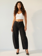 Women's relaxed fit barrel jeans featuring a high waist design, perfect for casual wear with a stylish and comfortable silhouette. 2