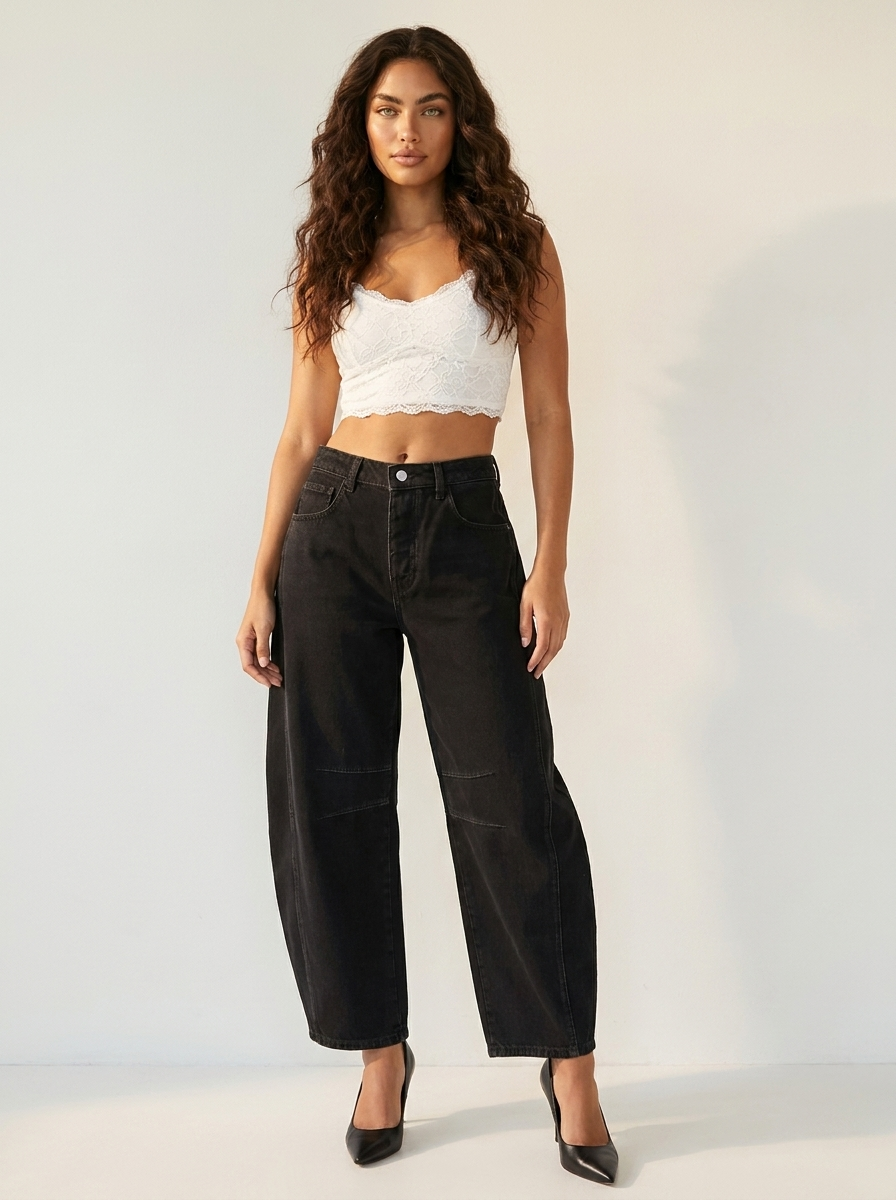 Women's relaxed fit barrel jeans featuring a high waist design, perfect for casual wear with a stylish and comfortable silhouette. 2