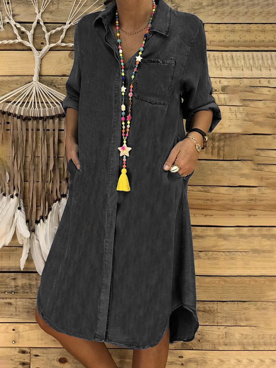 Women's relaxed fit denim shirt dress in a casual style, perfect for everyday wear, featuring a flattering silhouette and versatile design. 0