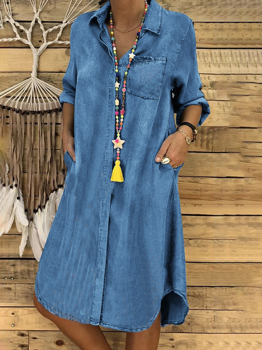 Women's relaxed fit denim shirt dress in a casual style, perfect for everyday wear, featuring a flattering silhouette and versatile design. 1