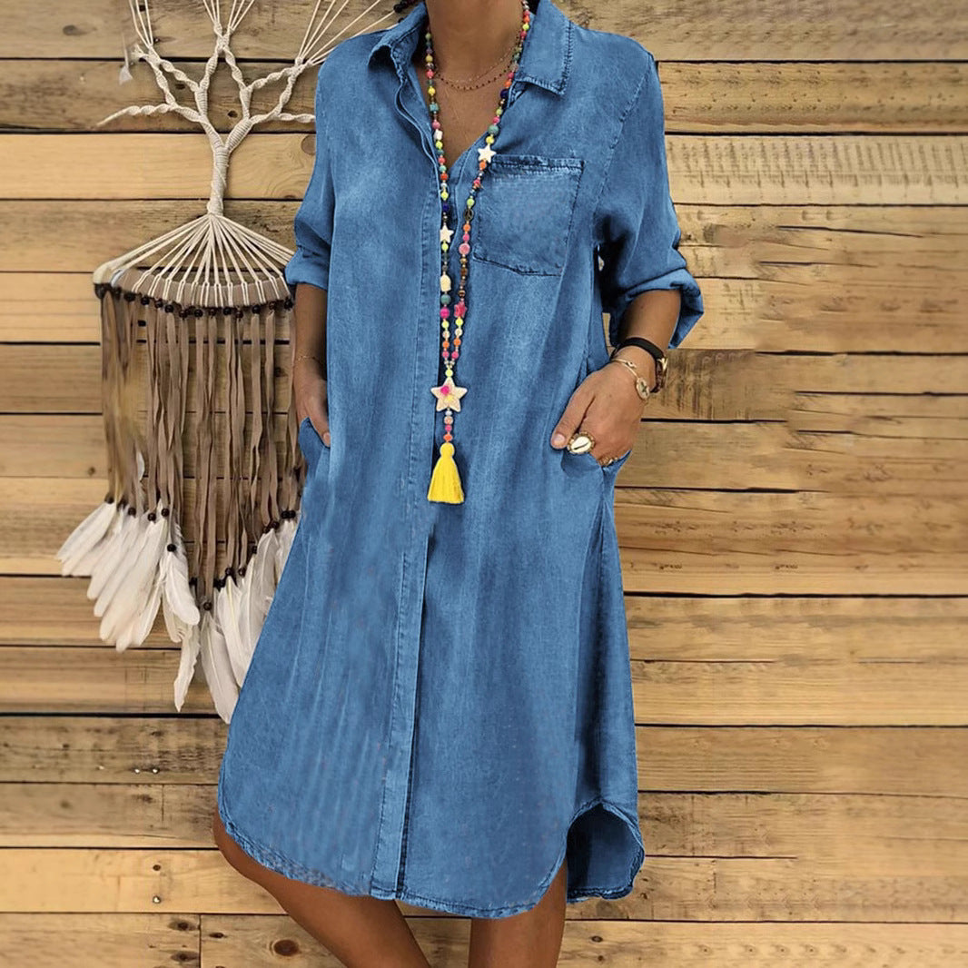 Women's relaxed fit denim shirt dress in a casual style, perfect for everyday wear, featuring a flattering silhouette and versatile design. 3