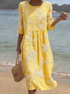 Women's relaxed fit embroidered midi dress perfect for summer occasions, featuring delicate floral patterns and a comfortable, breathable fabric ideal for warm weather. 4