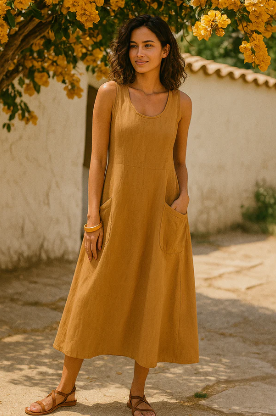 Women's relaxed maxi dress featuring stylish pockets, perfect for summer occasions, showcasing a lightweight fabric and a comfortable fit. 4