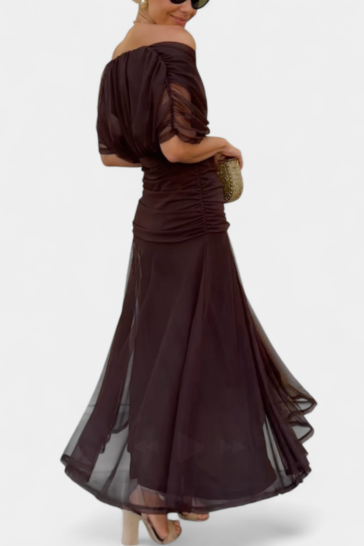 Women's ruched V-neck maxi dress in a vibrant color, perfect for summer formal occasions, featuring elegant flowing fabric and a flattering silhouette. 1