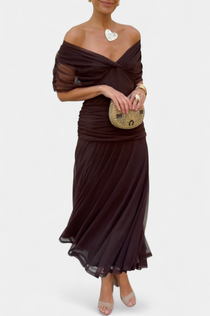 Women's ruched V-neck maxi dress in a vibrant color, perfect for summer formal occasions, featuring elegant flowing fabric and a flattering silhouette. 2