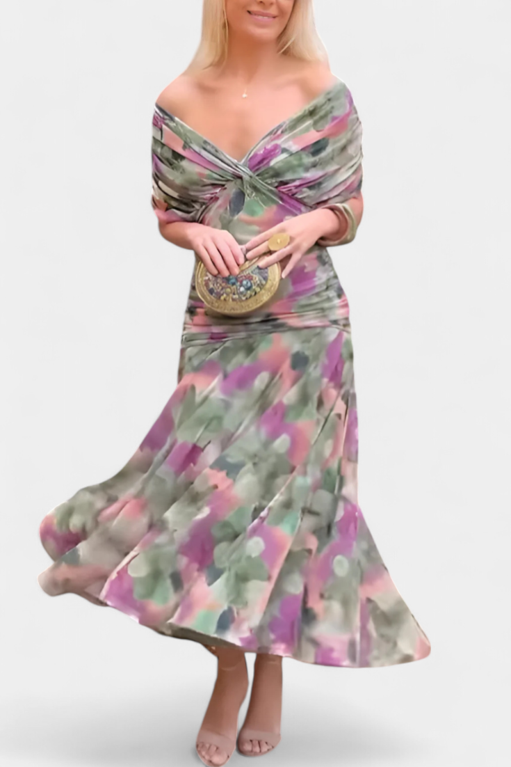 Women's ruched V-neck maxi dress in a vibrant color, perfect for summer formal occasions, featuring elegant flowing fabric and a flattering silhouette. 4
