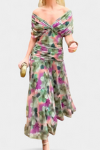 Women's ruched V-neck maxi dress in a vibrant color, perfect for summer formal occasions, featuring elegant flowing fabric and a flattering silhouette. 5